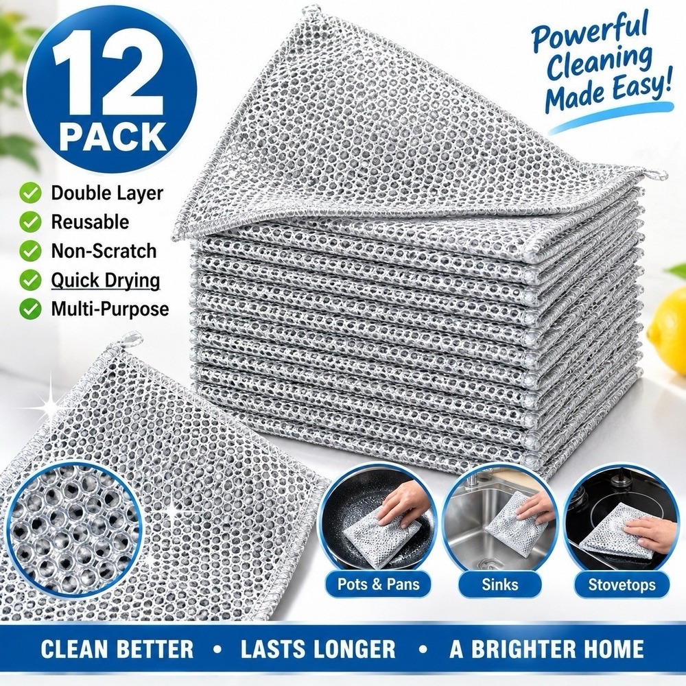 12 Pack Double Layer Silver Cleaning Cloths Reusable Kitchen Scrubbing Dish Rags